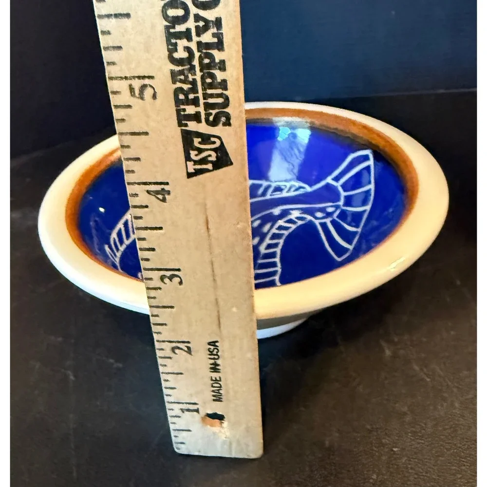 Ahna Iredale‎ Studio Pottery Bowl Blue White Sgraffito Fish Alaska Artist 6